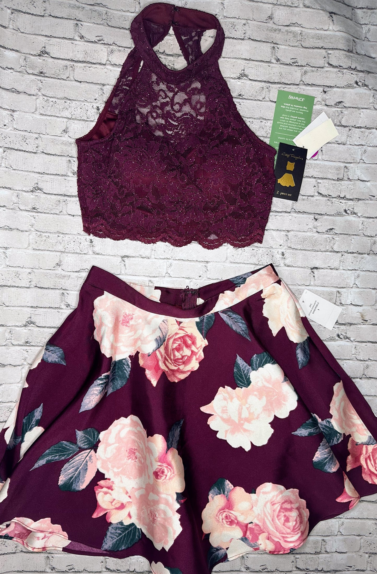 City Triangles: Maroon Floral 2pc Formal Dress - Adult Size 1 NEW!