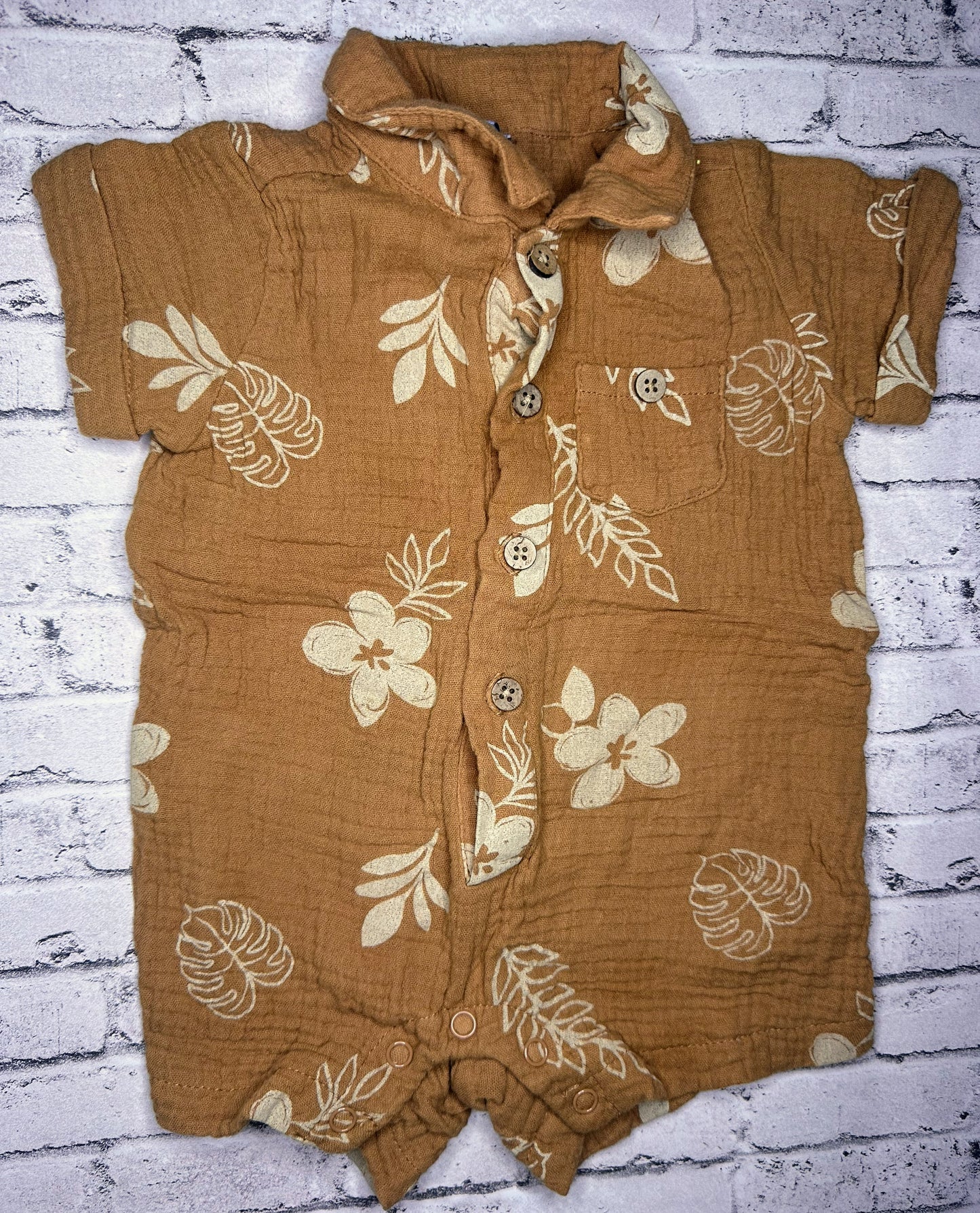 Little Lad: Tan Leaf Romper- 3/6m