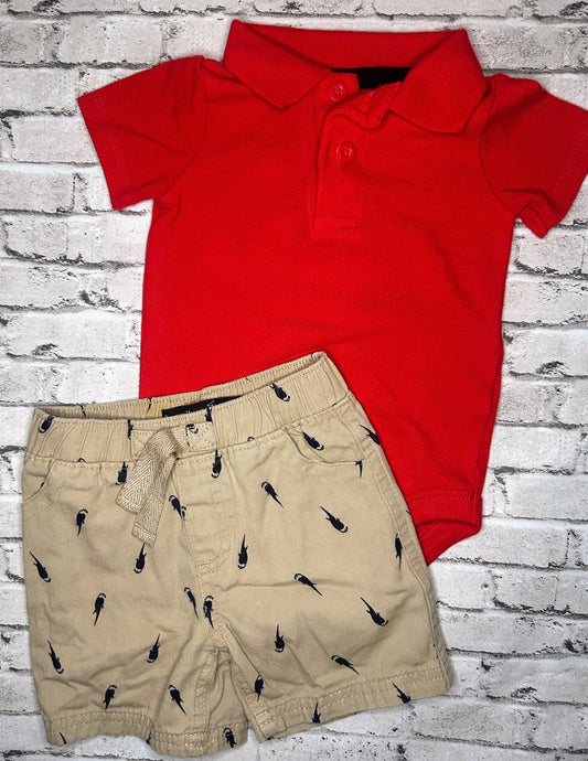 2pc Red Polo + Fish Shorts- 6/9m