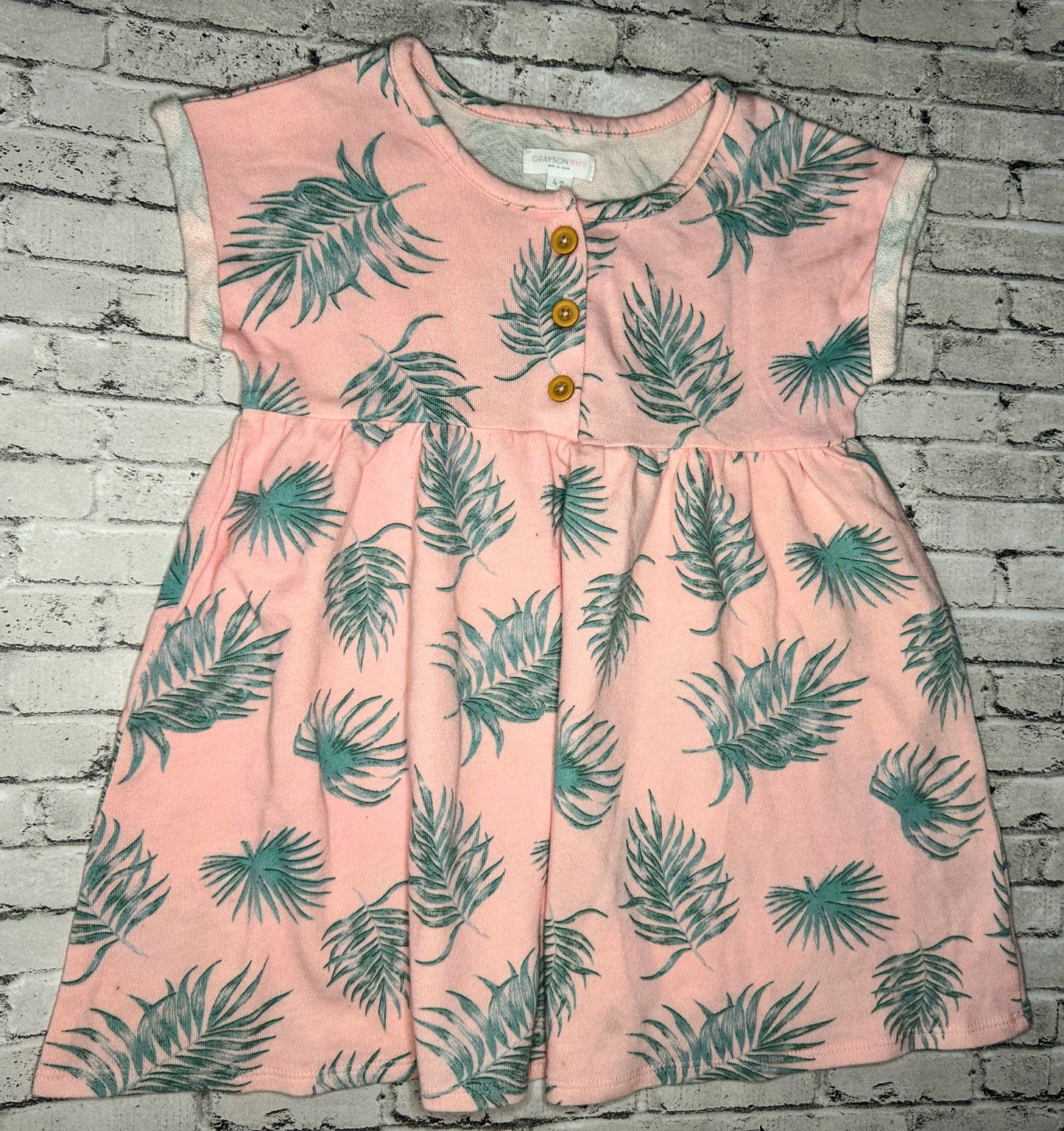 Pink Leaf Button Dress- 4T