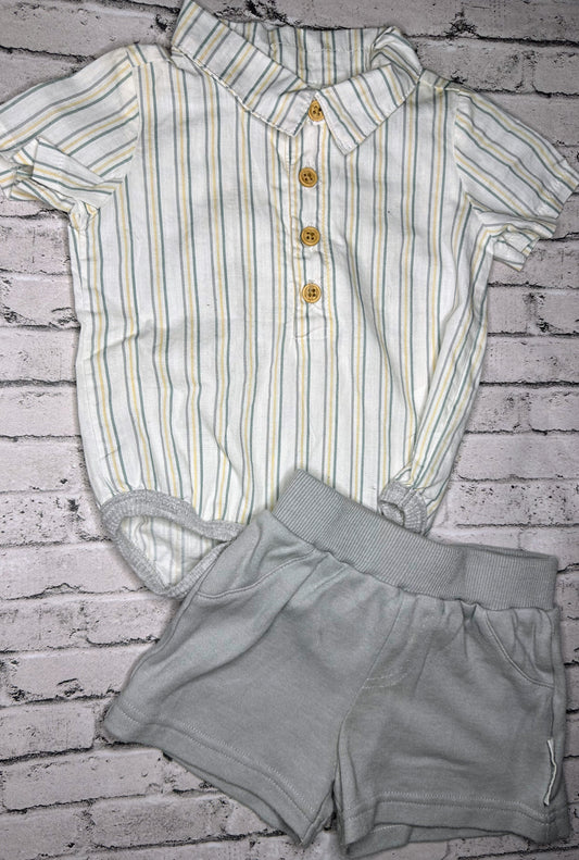 Tahari Baby: Yellow/Gray Stripe Button Set- 3/6m