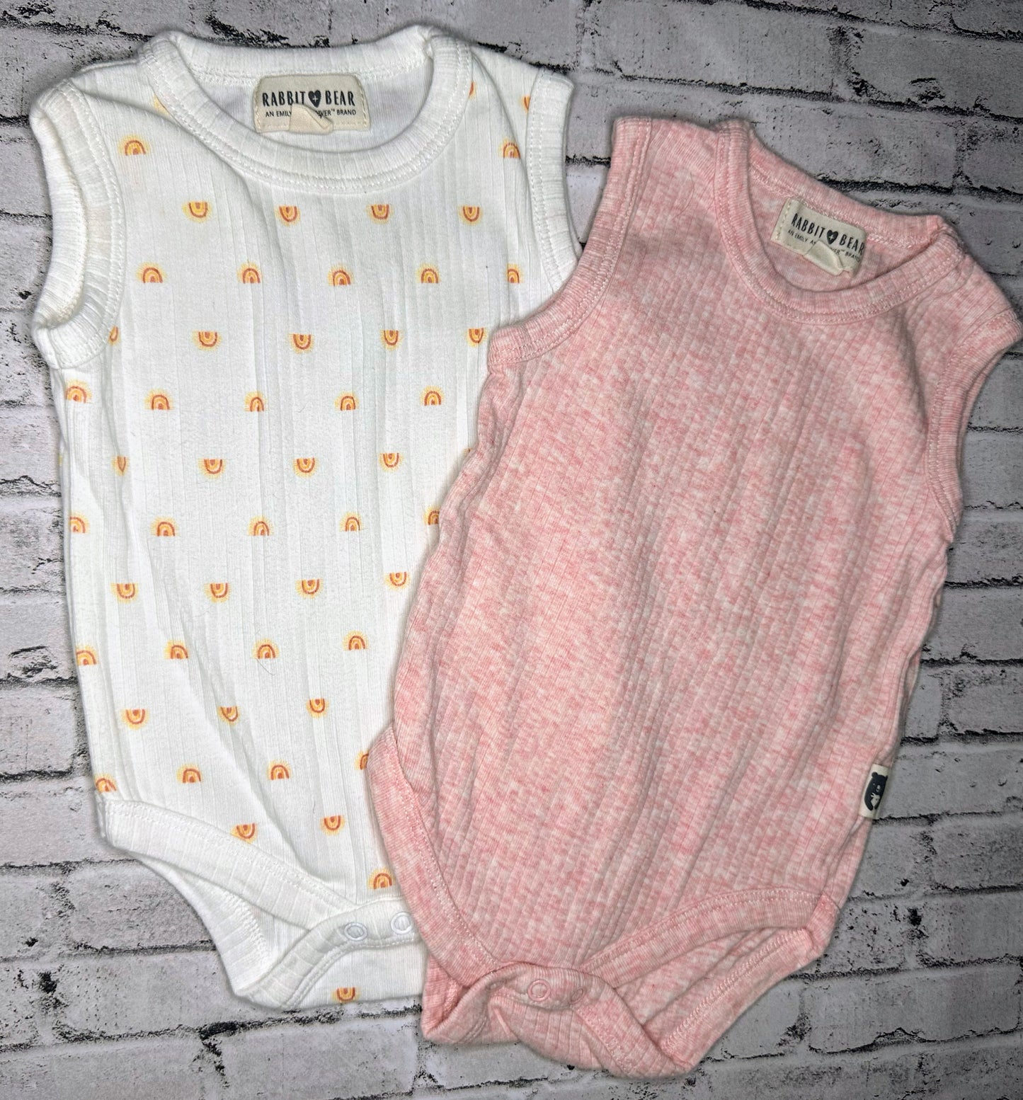 Rabbit + Bear: 2pc Pink/Rainbow Bodysuits- 3/6m