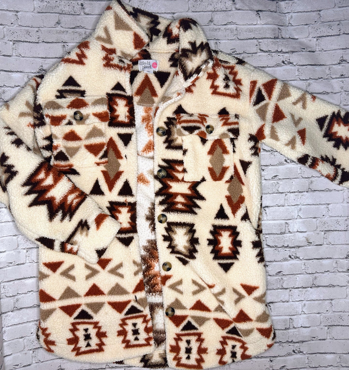 Colorful Planet: Tan Fleece Aztec Coat - 10/12