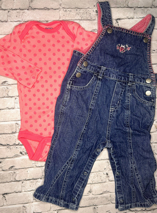 2pc Pink Dot + Floral Overalls- 6/9m