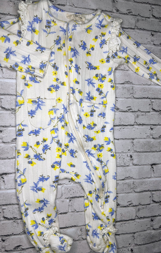 Jessica Simpson: Blue/Yellow Floral Sleeper- 3/6m