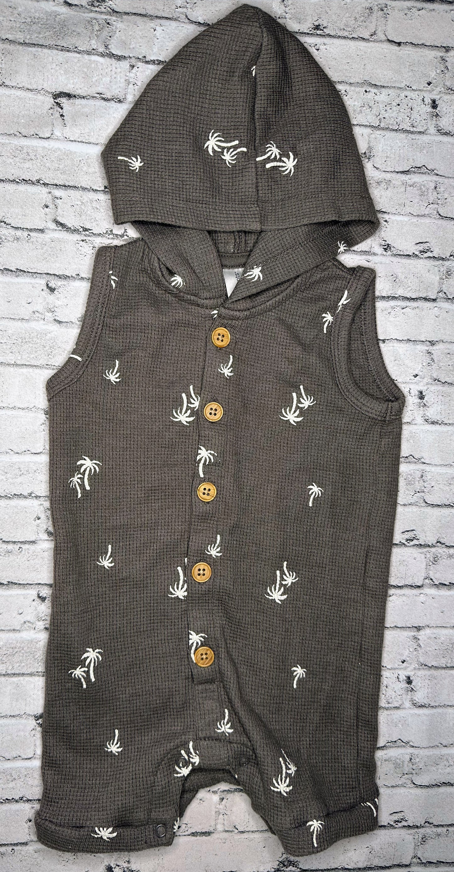 Modern Moments: Gray Palm Tree Romper- 6/9m