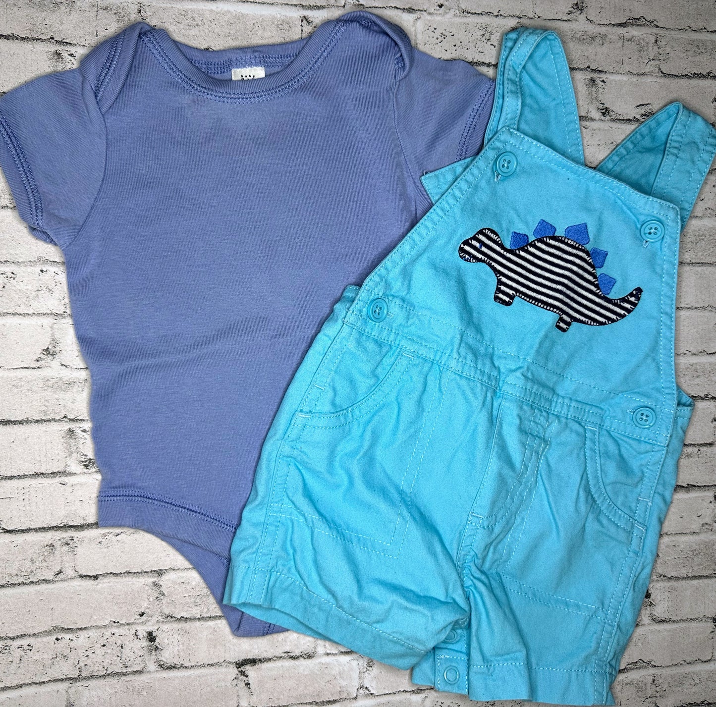 2pc Blue Dino Overalls Set- 3/6m