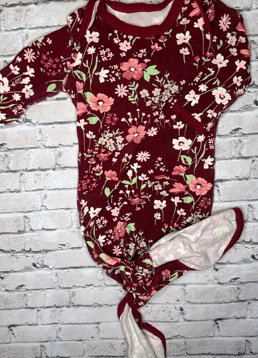Baby Essentials: Maroon Floral Sleep Gown- 3M