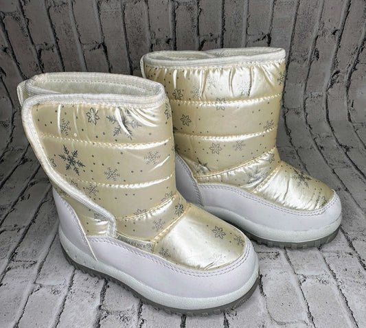 White/Gold Snowflake Velcro Boots - 7c