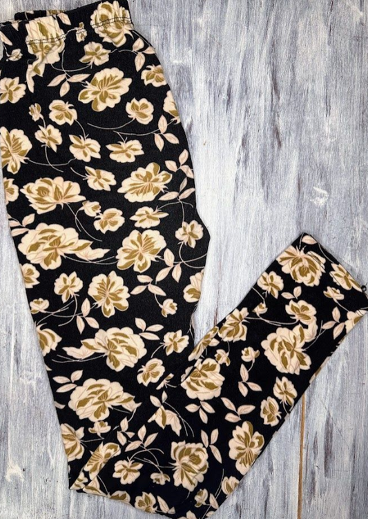 Always: Black/Gold Floral Leggings- Adult S